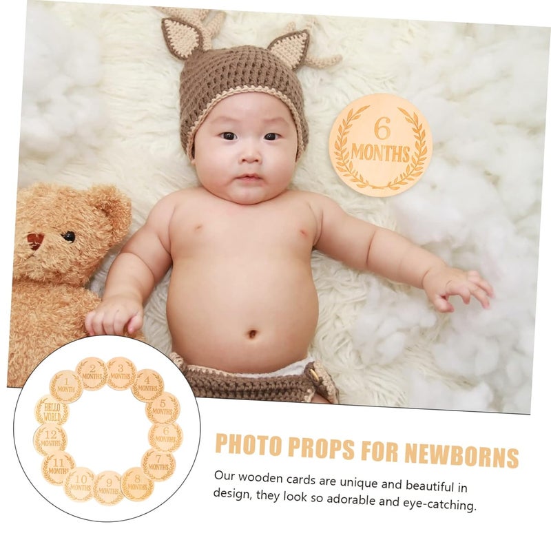 SECFOU 13pcs Wooden Monthly Milestone Cards Set with Ear Pattern Discs Photo Props - Image 4