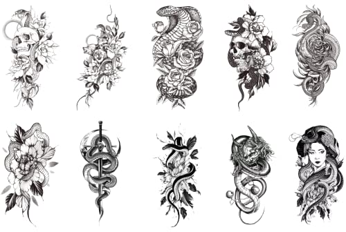 Yeahgoshopping 10 Sheets Yeahgoshopping Black Snake Temporary Tattoos with Flower Zombie Sword For Men Women Neck Arm Body Art Waterproof Fake Tattoo Stickers Flash Decals