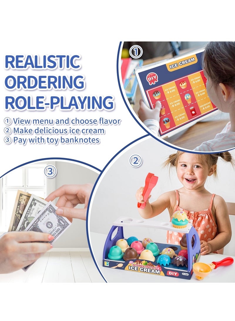 Serve Ice Cream Counter Toy Ice Cream Toy Play Set for Kids Toddler Ice Cream Counter Shop 39 Pcs Educational Pretend Play Food and Accessories Great Gift for 3 4 5 6 Year Old Girl or Boy