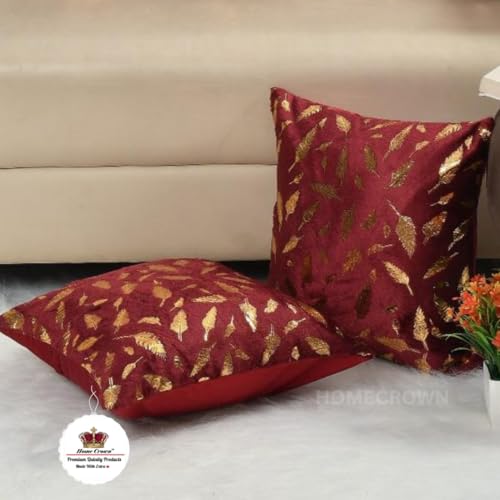 HOMECROWN Velvet Cushion Covers 16x16 Inch – Set of 2 Pcs, Golden Feather Print, Soft Faux Fur Decorative Throw Pillow Covers for Sofa, Couch, Bed, Living Room (Maroon) - Image 2