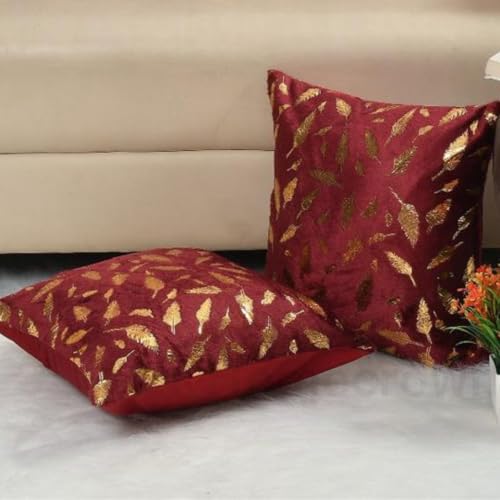 HOMECROWN Velvet Cushion Covers 16x16 Inch – Set of 2 Pcs, Golden Feather Print, Soft Faux Fur Decorative Throw Pillow Covers for Sofa, Couch, Bed, Living Room (Maroon) - Image 1