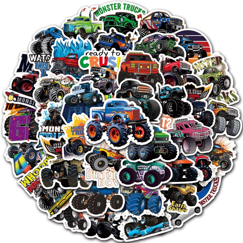 DULEFUN 50PCS Monster Truck Stickers, Truck Car Stickers for kids, Car Stickers Waterproof for Water Bottles Skateboard Car Bike Phone Case Laptop Suitcase, Monster Truck Gifts for Girls Boys Party - Image 1