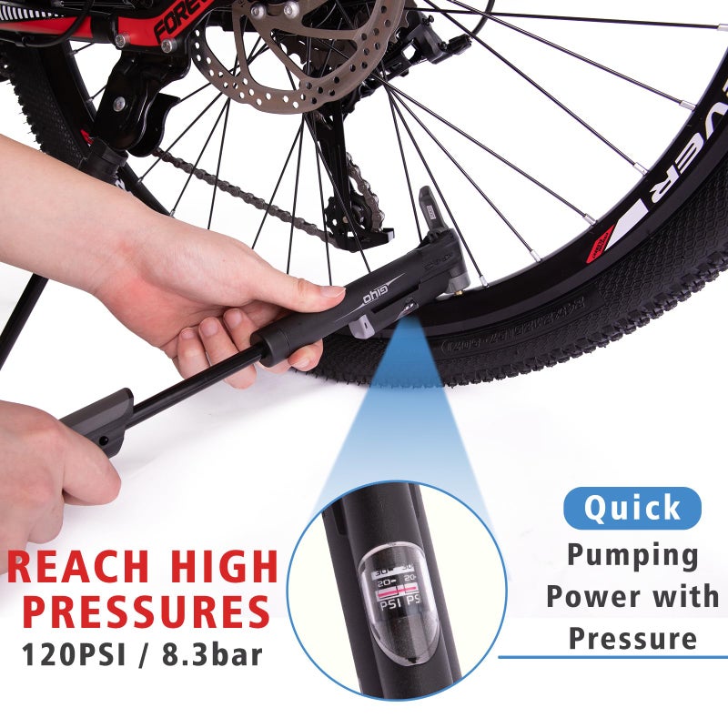 GIYO Mini Bike Pump, Portable Compact Bicycle Pump with Pressure Gauge, Tire Repair Kit, Perfect for Presta & Schrader Frame Mount for Road, Mountain & BMX Cycling, Ball Pump with Needle 120 PSI - Image 3