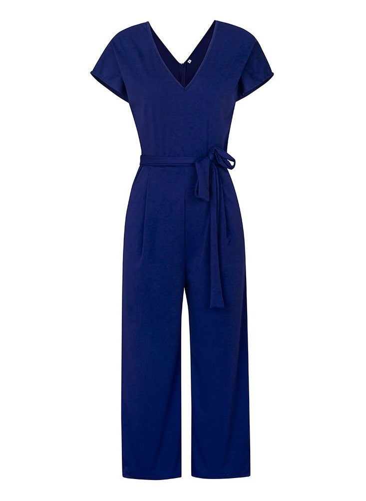 Loquat - Summer Short-sleeved V-neck Jumpsuit Temperament Casual Blue - Image 1