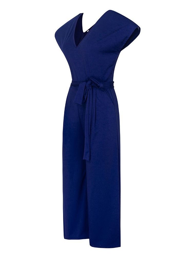 Loquat - Summer Short-sleeved V-neck Jumpsuit Temperament Casual Blue - Image 1