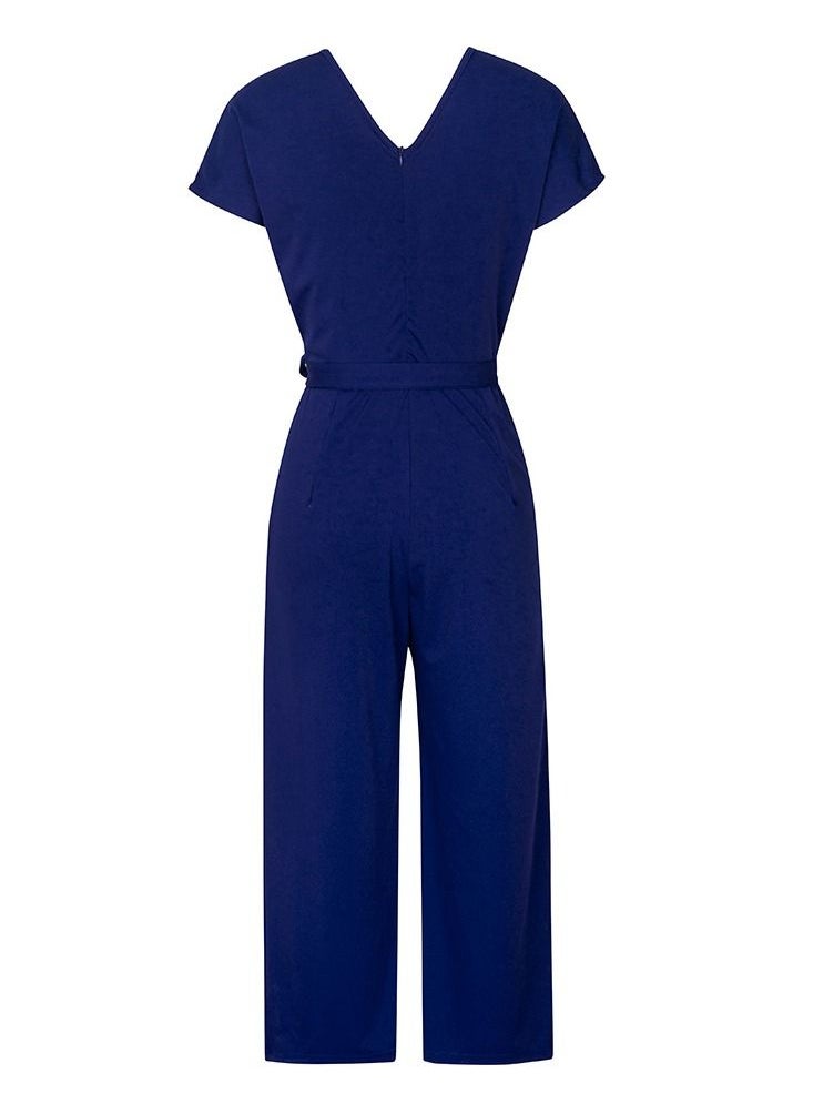Loquat - Summer Short-sleeved V-neck Jumpsuit Temperament Casual Blue - Image 1