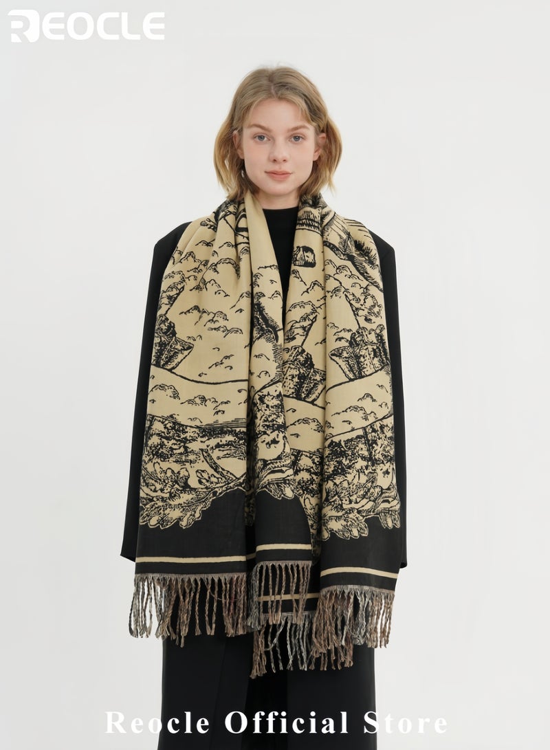 REOCLE Women's Cashmere Scarf Winter Scarve Large Retro Shawls and Plaid Scarf for Women Must-have Winter Accessory - Image 3