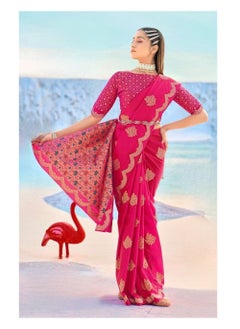 Beautiful Pink Banaras Soft Silk Saree With Gold Weaving Border And Buti All Over Plus Unstitched Blouse