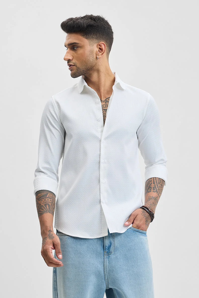 SNITCH White Textured Long Sleeve Slim Fit Casual Shirt