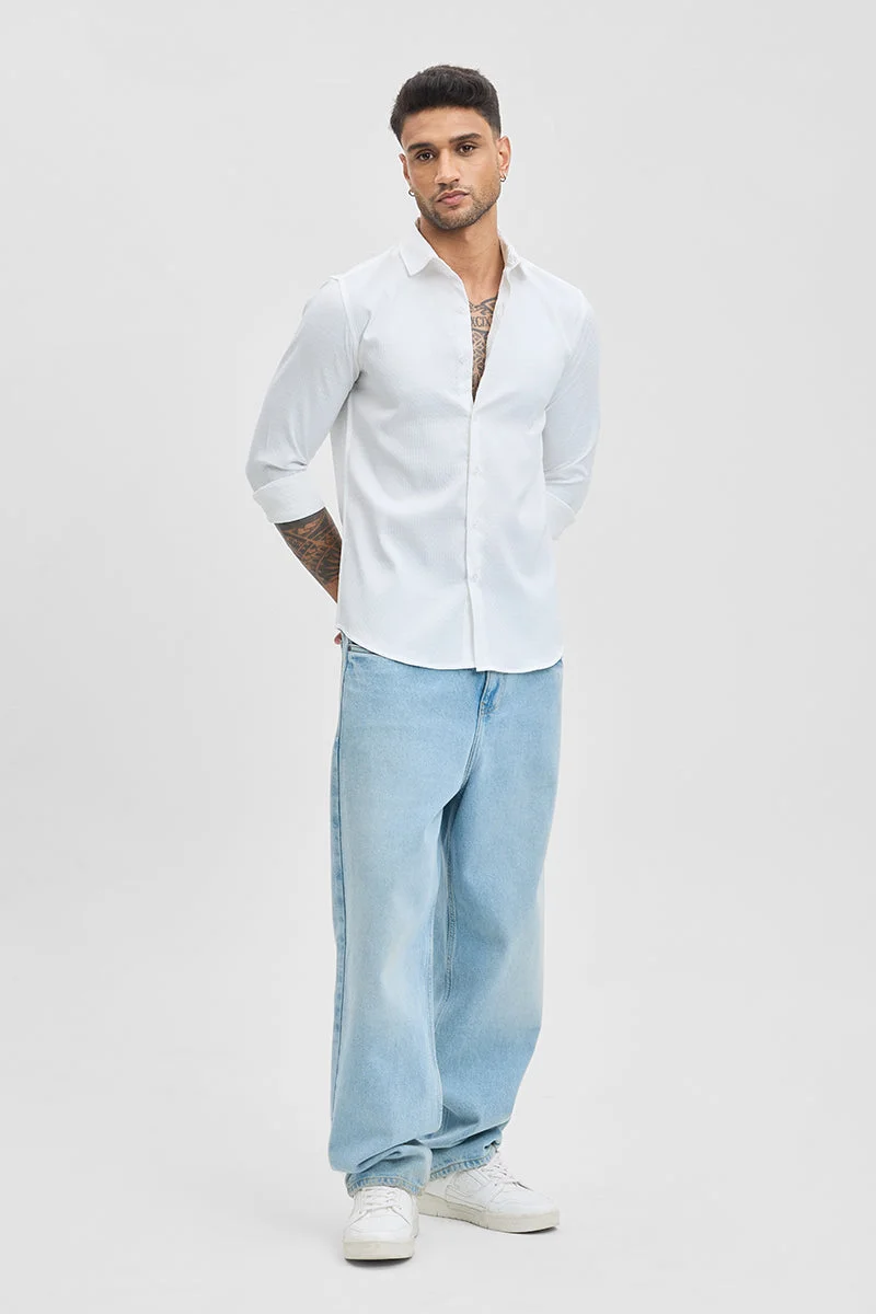 SNITCH White Textured Long Sleeve Slim Fit Casual Shirt