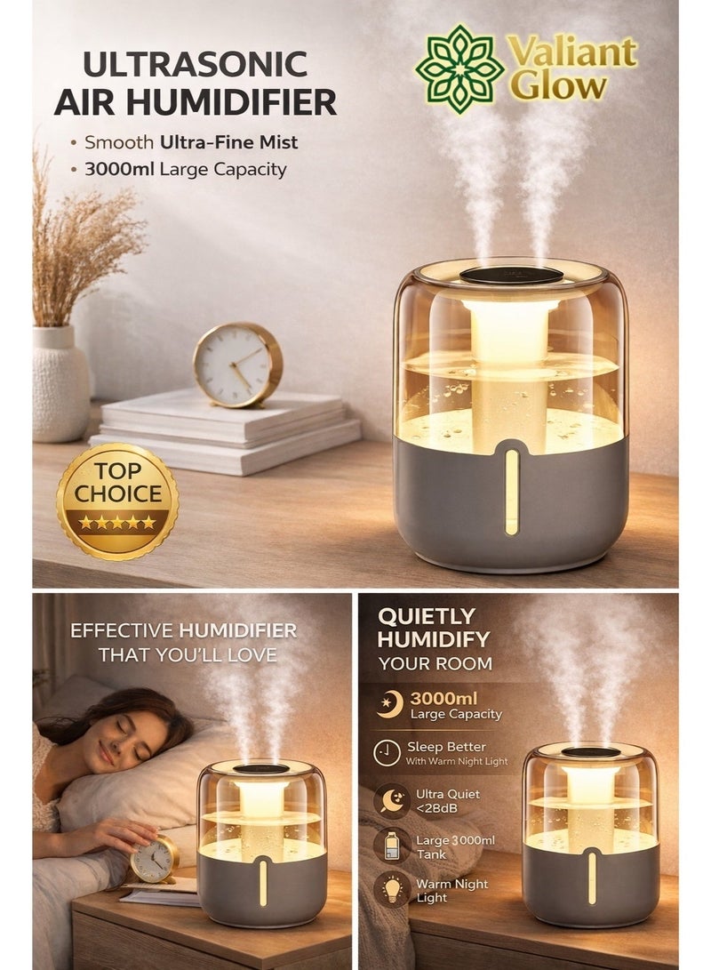 Valiant Glow Large-capacity humidifier with humidity display and indicator light; humidifier and air purifier with 2 nozzles and night light function; adjustable mist output; quiet operation; 20-hour battery life (white). - Image 4