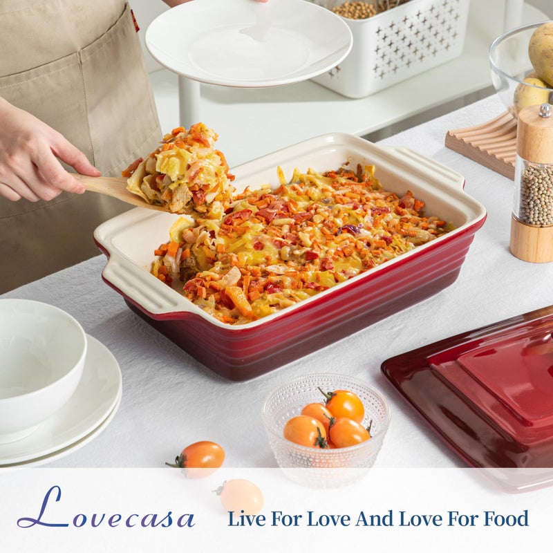 LOVECASA 4.5 Quart Ceramic Casserole Dish with Lid, 9x13 Baking Dish for Oven, Lasagna Pan Deep with Handles, Stoneware Bakeware, Oven & Dishwasher Safe, Gradient Red - Image 3