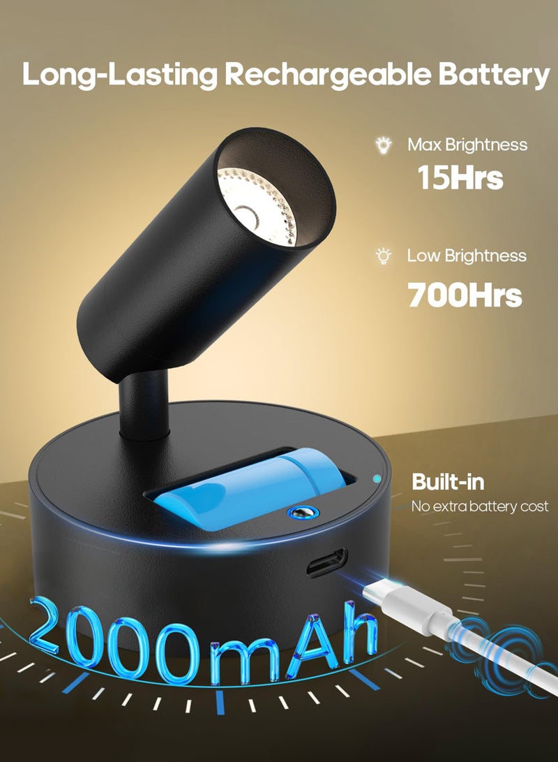 أضواء سبوت لاسلكية، مصباح حائط LED بتحكم عن بعد، مصباح مثبت على الحائط مع 3 درجات حرارة للون، وظيفة التعتيم والدوران 360°، مصباح قراءة يعمل بالبطارية القابلة لإعادة الشحن لغرفة المعيشة، غرفة النوم، الممر وطاولة السرير (أسود) - Image 3