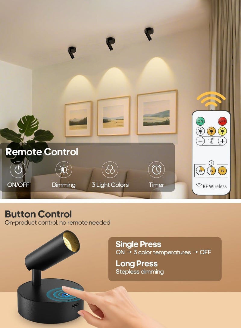 أضواء سبوت لاسلكية، مصباح حائط LED بتحكم عن بعد، مصباح مثبت على الحائط مع 3 درجات حرارة للون، وظيفة التعتيم والدوران 360°، مصباح قراءة يعمل بالبطارية القابلة لإعادة الشحن لغرفة المعيشة، غرفة النوم، الممر وطاولة السرير (أسود) - Image 4