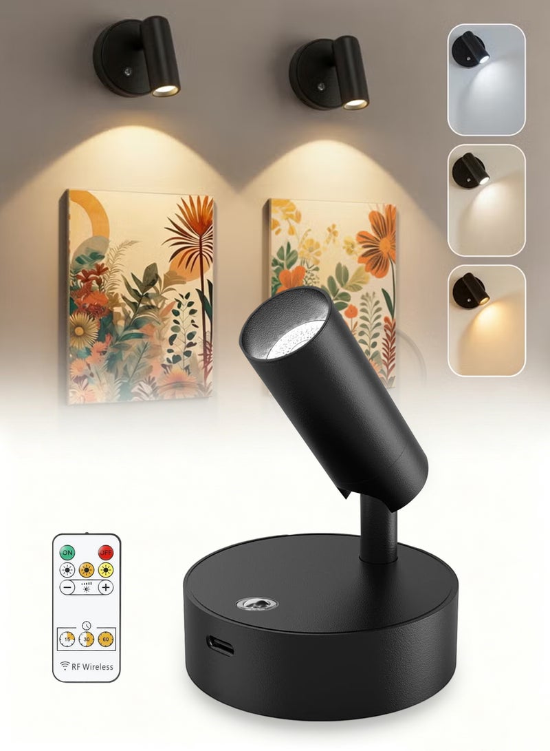 Wireless Spotlight, Remote Control LED Wall Lamp, Wall-Mounted Lamp with 3 Color Temperatures, Dimmable 360° Rotation Function, Rechargeable Battery Reading Light for Living Room, Bedroom, Hallway, and Nightstand (Black) - Image 1