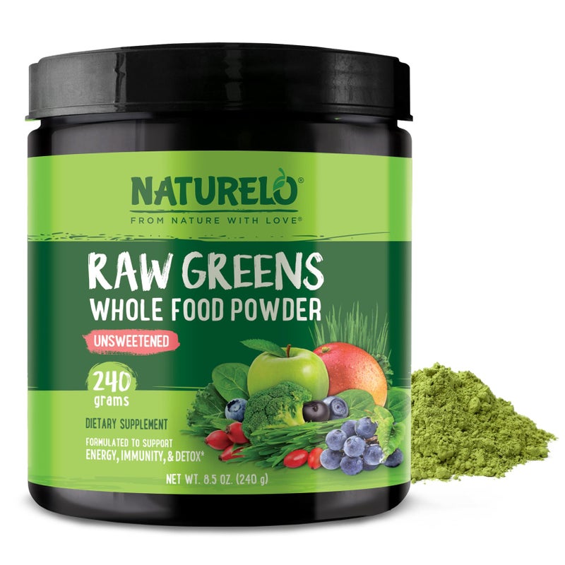 NATURELO Raw Greens Superfood Powder - Unsweetened - Boost Energy, Detox, Enhance Health - Organic Spirulina - Wheat Grass - Whole Food Nutrition from Fruits & Vegetables - 240 Grams - Image 1