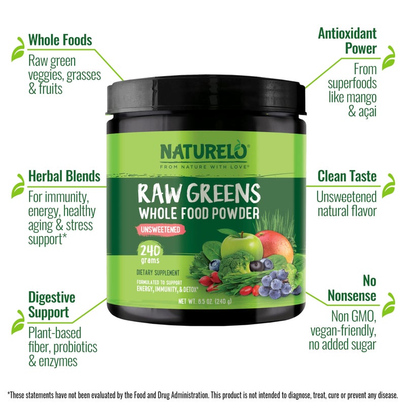 NATURELO Raw Greens Superfood Powder - Unsweetened - Boost Energy, Detox, Enhance Health - Organic Spirulina - Wheat Grass - Whole Food Nutrition from Fruits & Vegetables - 240 Grams - Image 4