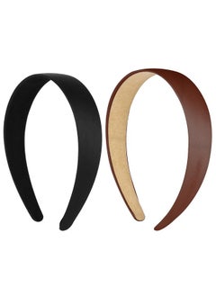 WLLHYF WLLHYF 2 Pieces Satin Headbands 1 Inch Wide Hard Head Band Fashion Solid Headband Anti-slip Plain Hair Bands Diy Hair Accessories for Women Girls Halloween Christmas (Black+Coffee)  - Image 1