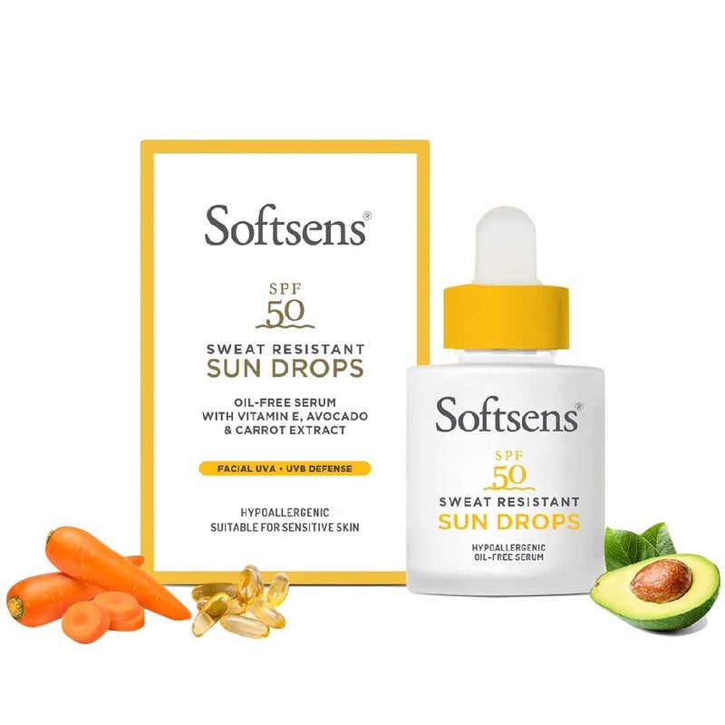 Softsens Softsens SweatResistant Sun drops Sunscreen SPF 50 20ml No White Cast UVA UVB Protection Lightweight Non Sticky Non Greasy Quick Absorbing 100 Vegan For Women Men  - Image 1