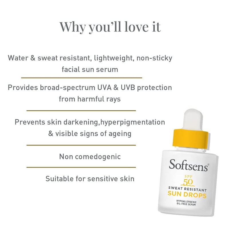 Softsens Softsens SweatResistant Sun drops Sunscreen SPF 50 20ml No White Cast UVA UVB Protection Lightweight Non Sticky Non Greasy Quick Absorbing 100 Vegan For Women Men  - Image 5
