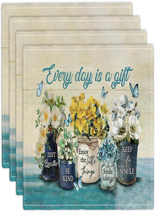 eiffecho Farmhouse Spring Flower Placemats Set of 4 Every Day is A Gift Country Rustic Floral Yellow Double-Sided Table Mats for Dining Room Home Party Indoor 4 PCS 12x18 Inch - Image 1