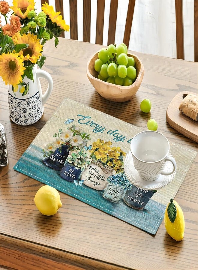 eiffecho Farmhouse Spring Flower Placemats Set of 4 Every Day is A Gift Country Rustic Floral Yellow Double-Sided Table Mats for Dining Room Home Party Indoor 4 PCS 12x18 Inch - Image 2