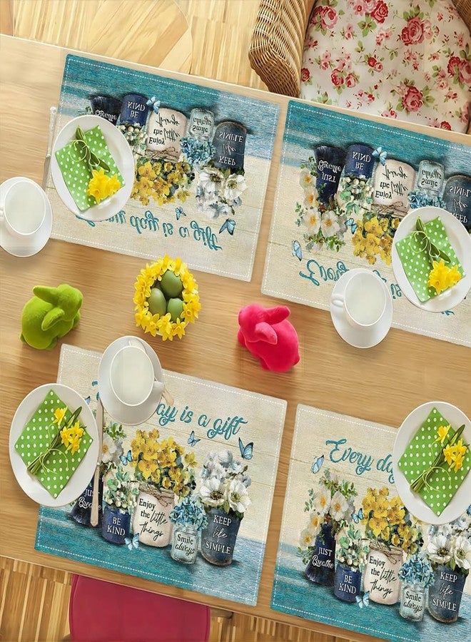 eiffecho Farmhouse Spring Flower Placemats Set of 4 Every Day is A Gift Country Rustic Floral Yellow Double-Sided Table Mats for Dining Room Home Party Indoor 4 PCS 12x18 Inch - Image 4