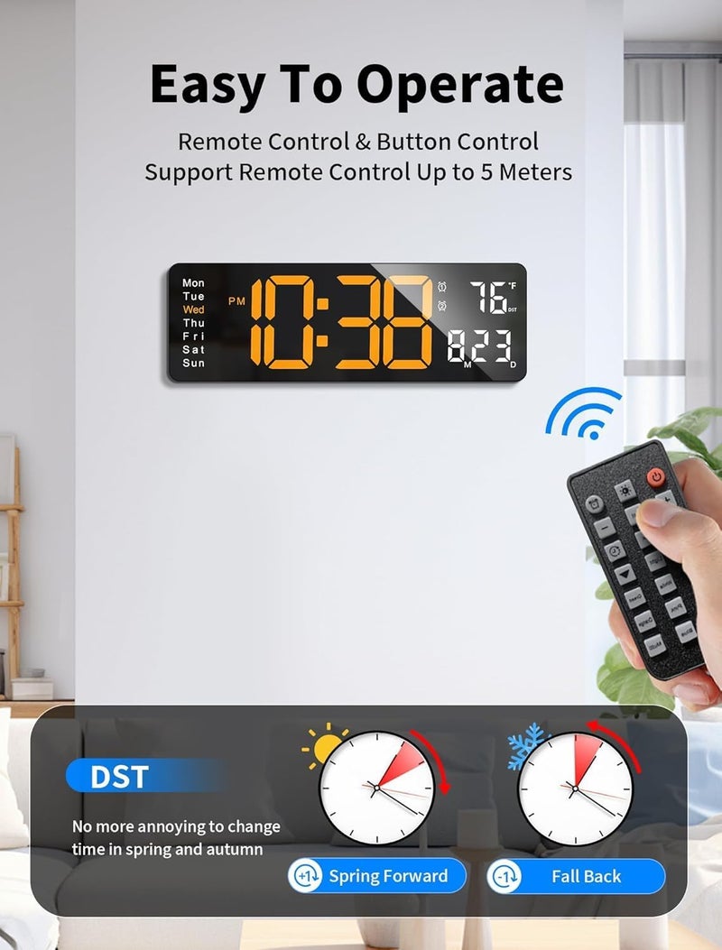 Astrometric 15-Inch Digital Wall Clock with Large LED Display – Remote Control, Auto-Dimming, Night Light, Date, Day, Temperature, DST Function – Ideal for Living Room, Bedroom (16 Inch_Orange) - Image 5