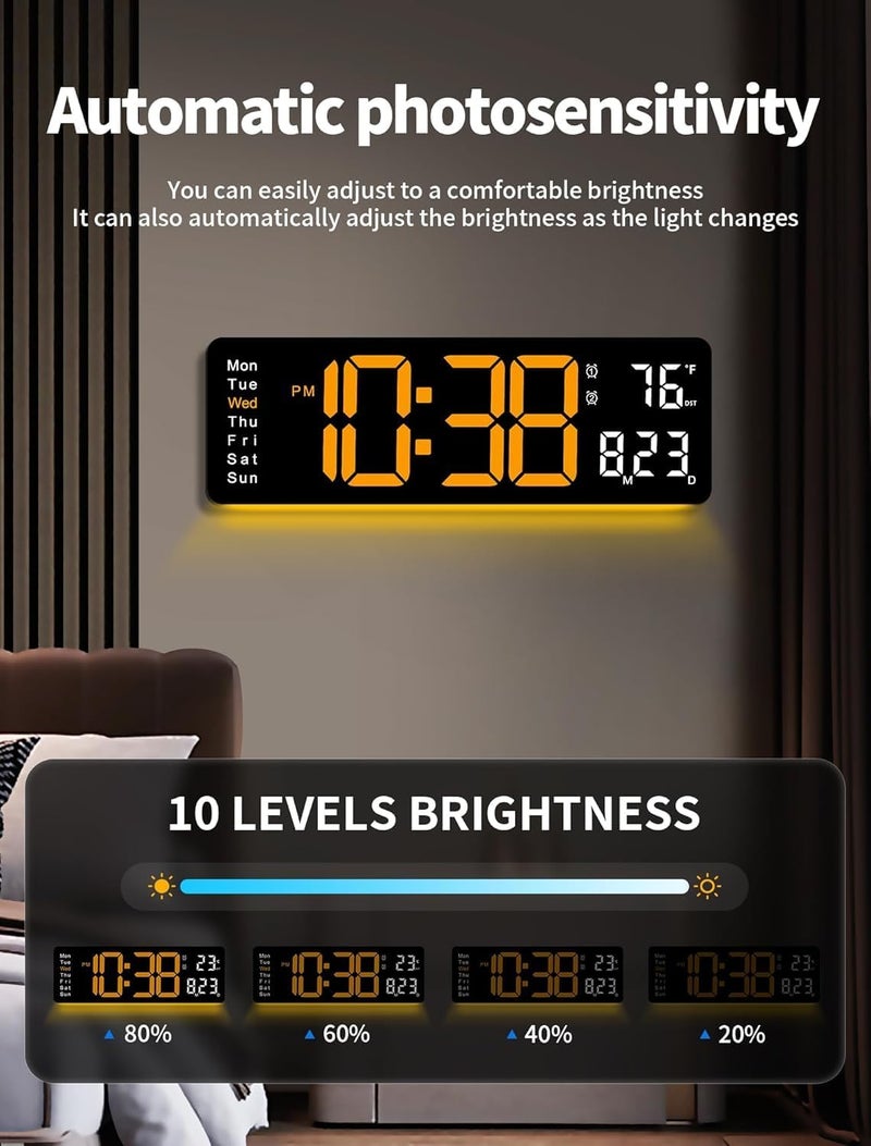 Astrometric 15-Inch Digital Wall Clock with Large LED Display – Remote Control, Auto-Dimming, Night Light, Date, Day, Temperature, DST Function – Ideal for Living Room, Bedroom (16 Inch_Orange) - Image 4