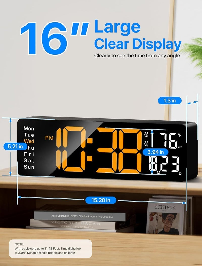 Astrometric 15-Inch Digital Wall Clock with Large LED Display – Remote Control, Auto-Dimming, Night Light, Date, Day, Temperature, DST Function – Ideal for Living Room, Bedroom (16 Inch_Orange) - Image 2