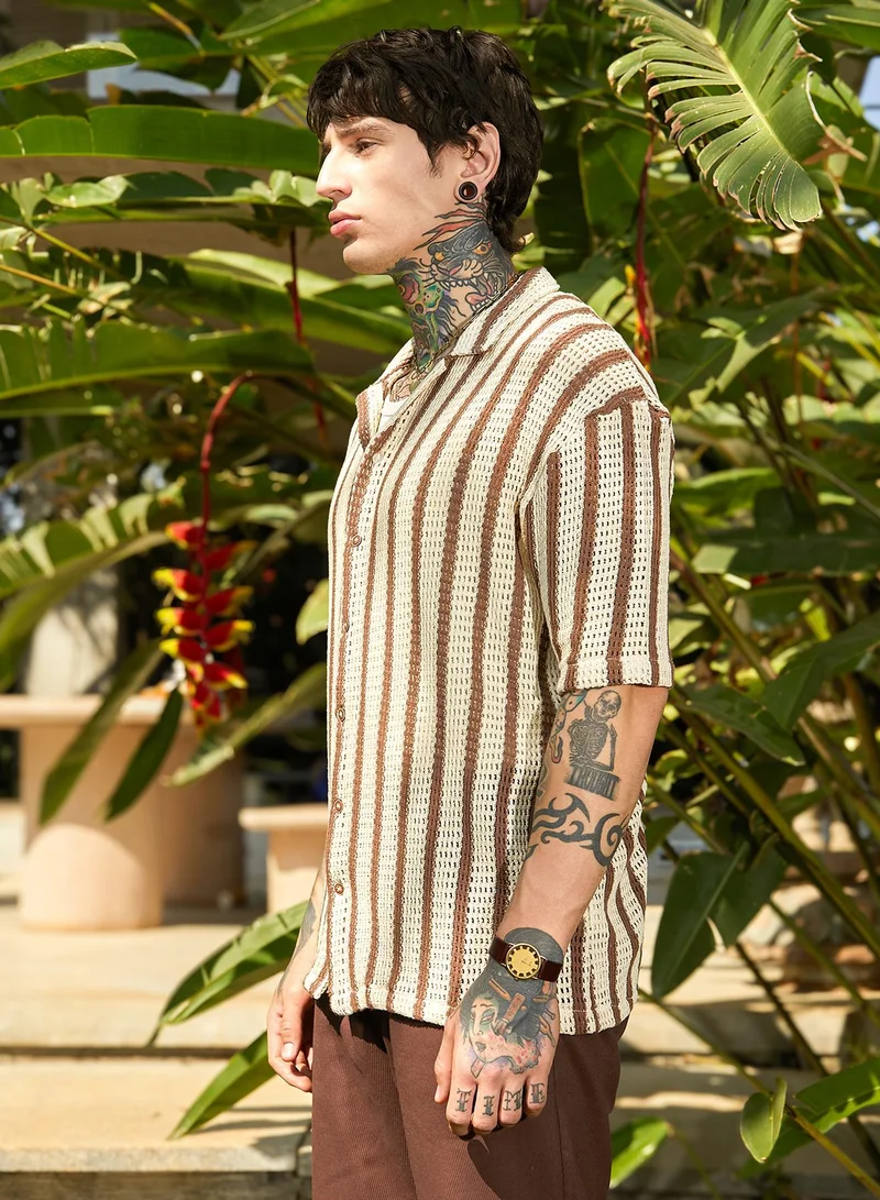 CAHOOT  Men's Canvas Beige & Russet Brown Striped Open-Knit Oversized Shirt for Men | Best Price UAE