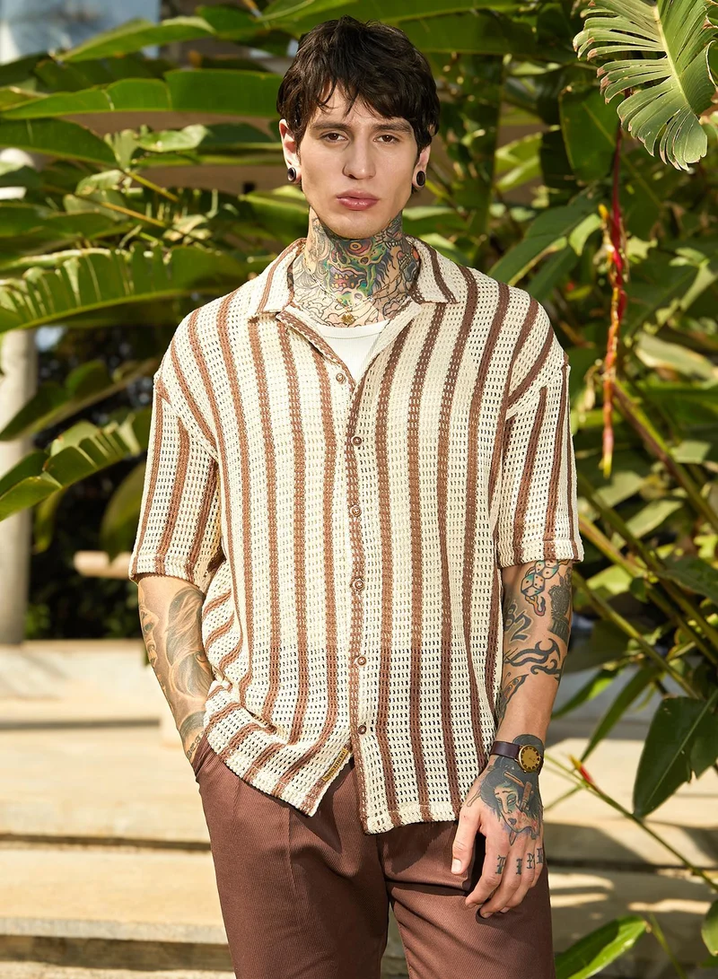 Campus Sutra Men's Canvas Beige & Russet Brown Striped Open-Knit Oversized Shirt