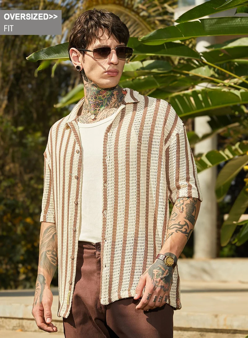 Campus Sutra Men's Canvas Beige & Russet Brown Striped Open-Knit Oversized Shirt