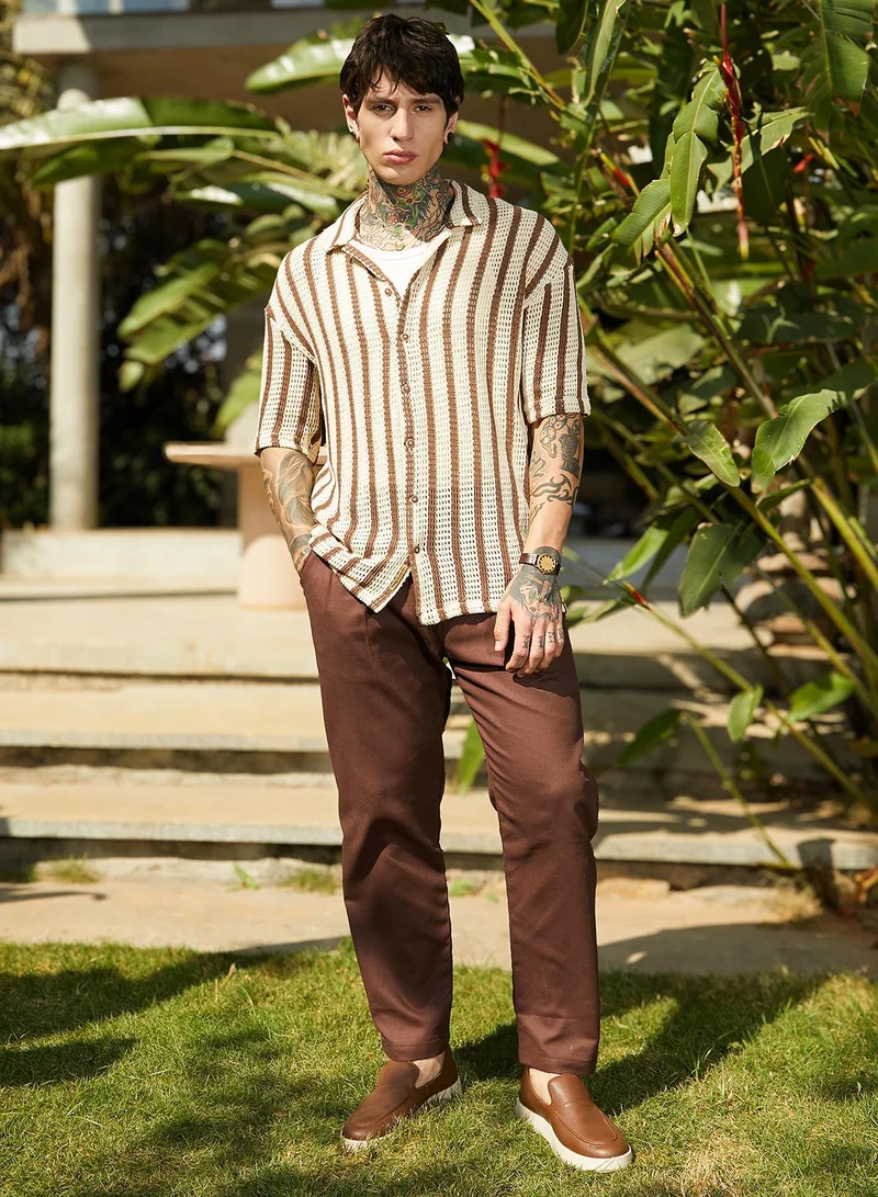 CAHOOT  Men's Canvas Beige & Russet Brown Striped Open-Knit Oversized Shirt for Men | Best Price UAE