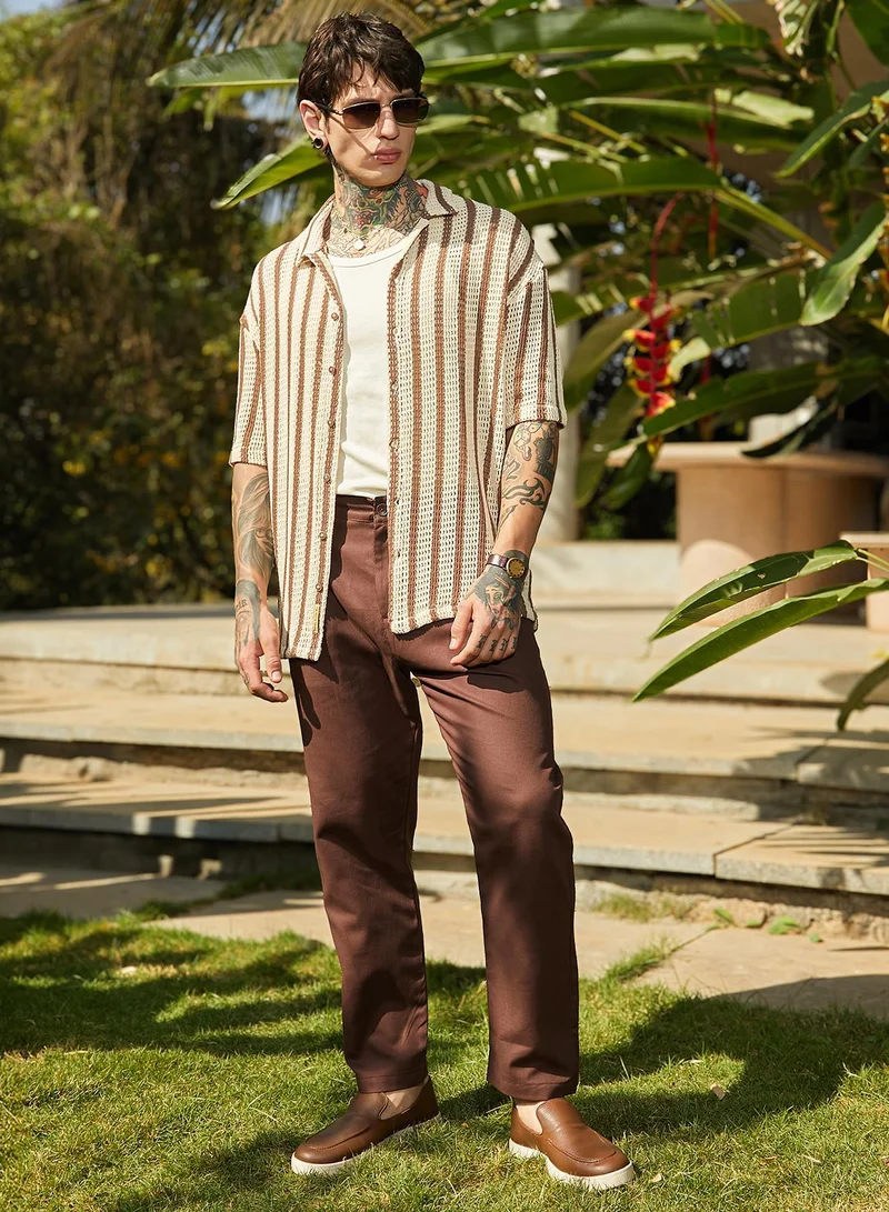 CAHOOT  Men's Canvas Beige & Russet Brown Striped Open-Knit Oversized Shirt for Men | Best Price UAE