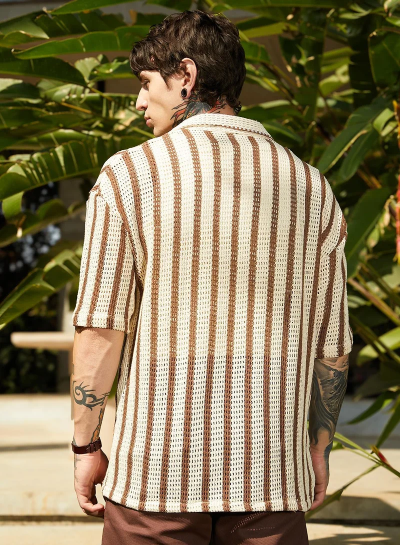 CAHOOT  Men's Canvas Beige & Russet Brown Striped Open-Knit Oversized Shirt for Men | Best Price UAE