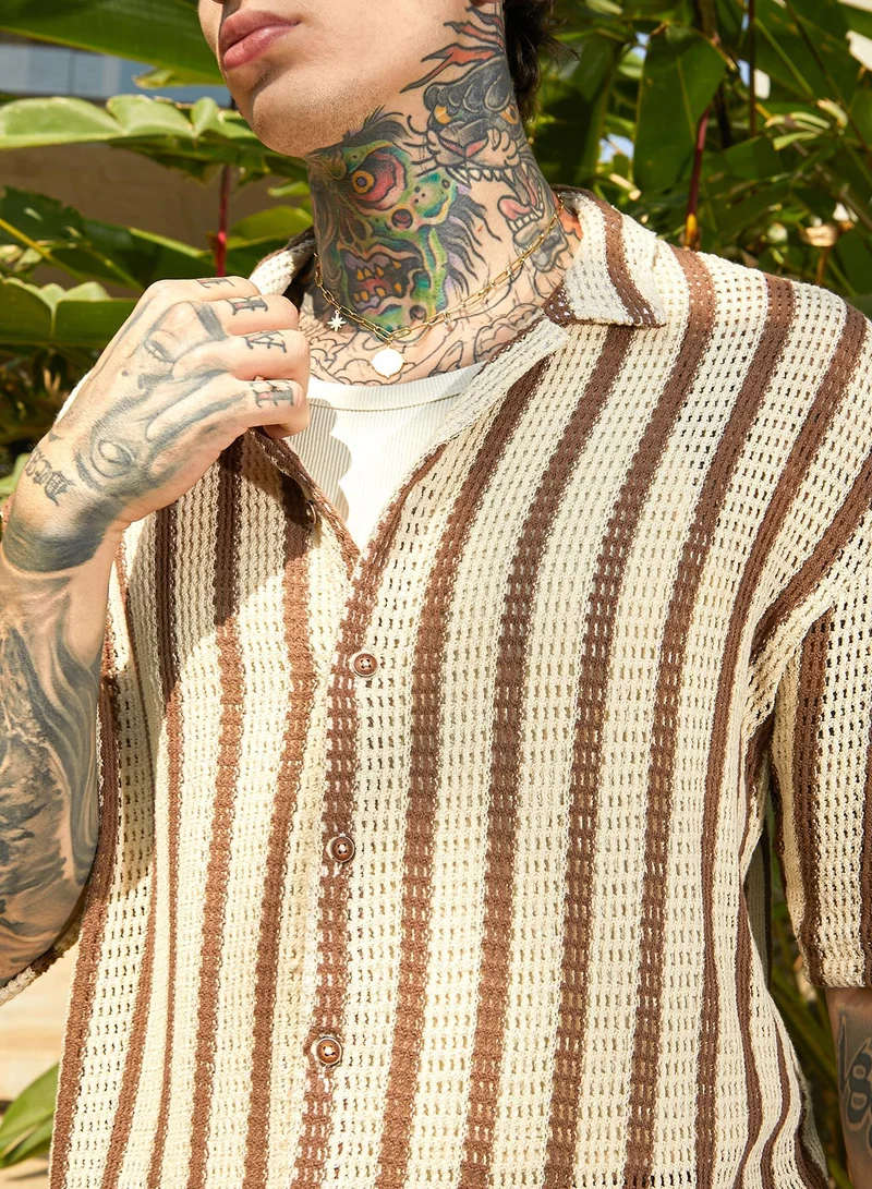 CAHOOT  Men's Canvas Beige & Russet Brown Striped Open-Knit Oversized Shirt for Men | Best Price UAE