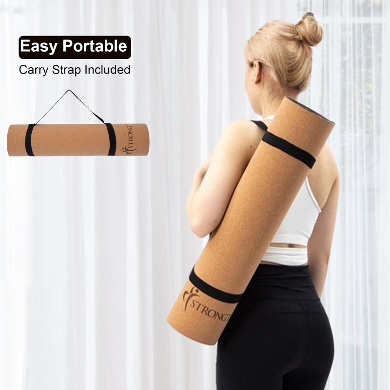 StrongTek Eco-Friendly Cork Yoga Mat, 7mm Thick, 72"x24", Cork+TPE, 2 lbs, Non-Slip, Lightweight & Cushioned Mat for Hot Yoga, Pilates & Home Fitness, Durable Surface with Natural Grip and Carry Strap - Image 5
