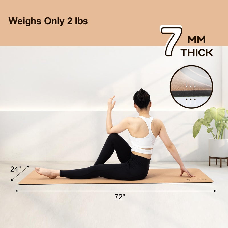 StrongTek Eco-Friendly Cork Yoga Mat, 7mm Thick, 72"x24", Cork+TPE, 2 lbs, Non-Slip, Lightweight & Cushioned Mat for Hot Yoga, Pilates & Home Fitness, Durable Surface with Natural Grip and Carry Strap - Image 3