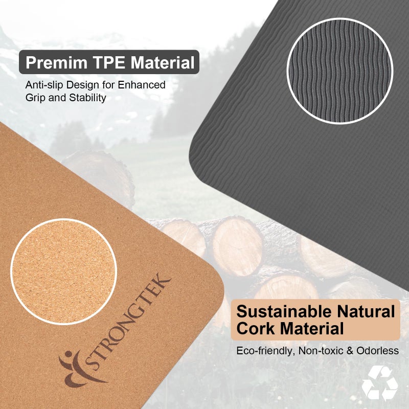 StrongTek Eco-Friendly Cork Yoga Mat, 7mm Thick, 72"x24", Cork+TPE, 2 lbs, Non-Slip, Lightweight & Cushioned Mat for Hot Yoga, Pilates & Home Fitness, Durable Surface with Natural Grip and Carry Strap - Image 2