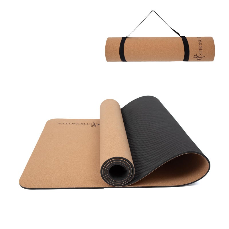 StrongTek Eco-Friendly Cork Yoga Mat, 7mm Thick, 72"x24", Cork+TPE, 2 lbs, Non-Slip, Lightweight & Cushioned Mat for Hot Yoga, Pilates & Home Fitness, Durable Surface with Natural Grip and Carry Strap - Image 1