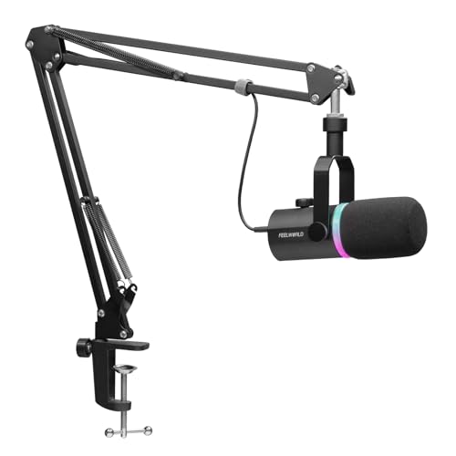 FEELWORLD PM1 XLR USB Dynamic Microphone with Boom Arm Stand Gifts for Podcast Recording PC Computer Gaming Live Streaming Vocal VoiceOver Studio Metal Mic RGB Light Mute Button Headphones Jack - Image 1