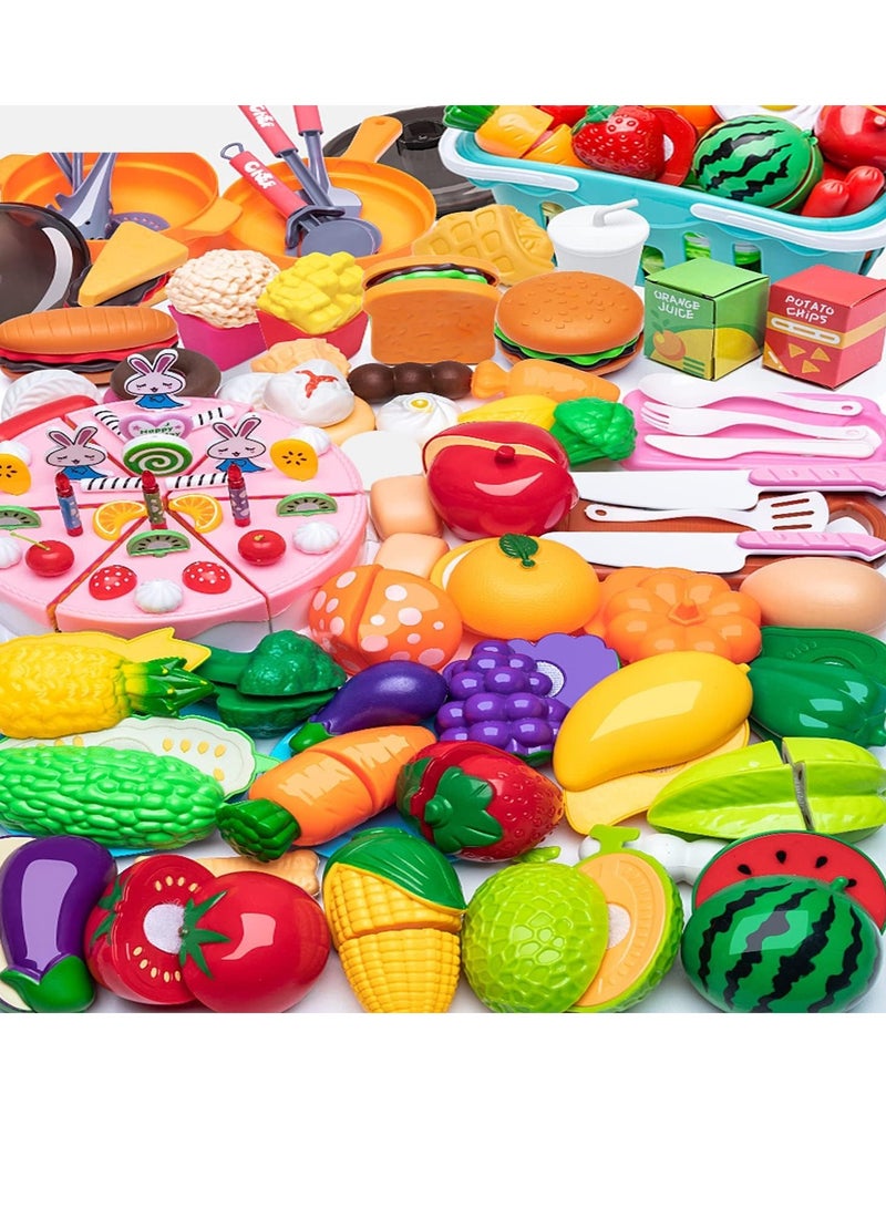 Arabayt 110Pcs Cutting Play Food Toy for Kids Kitchen, Play Kitchen Food with Vegetables & Fruit Shopping Basket, Kids Kitchen Accessories set, Kitchen Toys, Food Toys Best Birthday Gift - Image 1