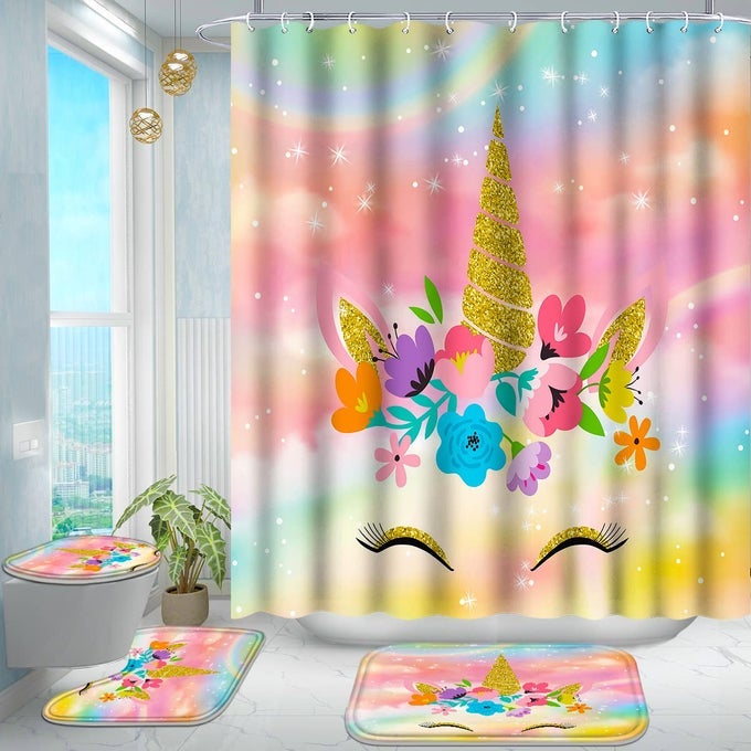 4 PCS BATHROOM SHOWER CURTAIN SETKIDS BATHROOM SETS WITH RUGSBATH MATU SHAPE AND TOILET LID COVER MAT AND 12 METAL HOOKSMULTICOLOR CUTE FLOWERS