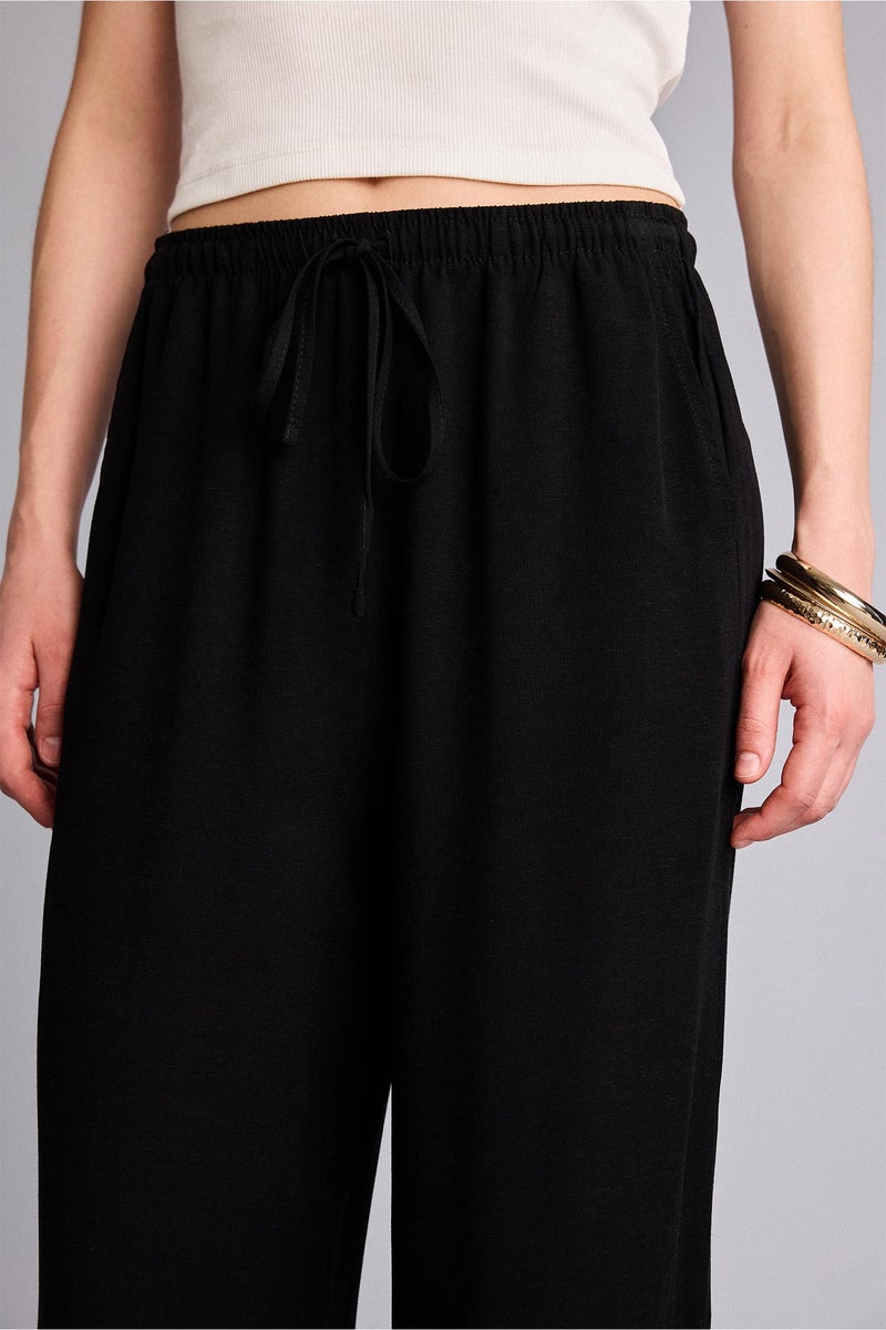 DeFacto Black Woman Wide Leg With Pockets Linen Blended Trousers Casual - Image 4