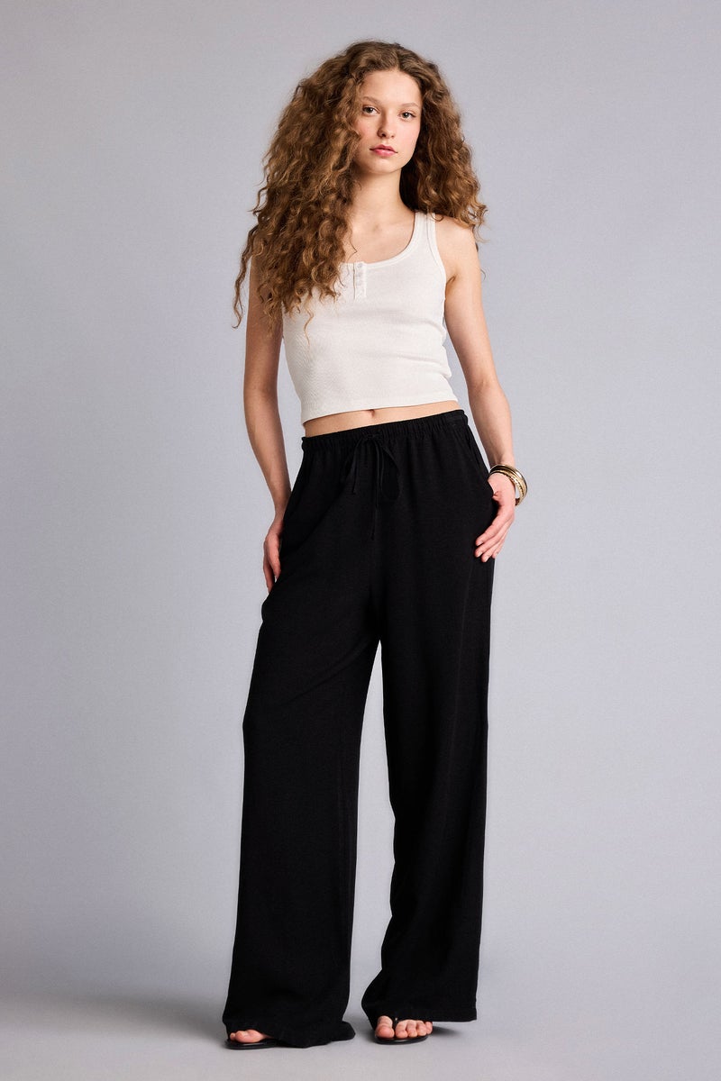 DeFacto Black Woman Wide Leg With Pockets Linen Blended Trousers Casual - Image 2