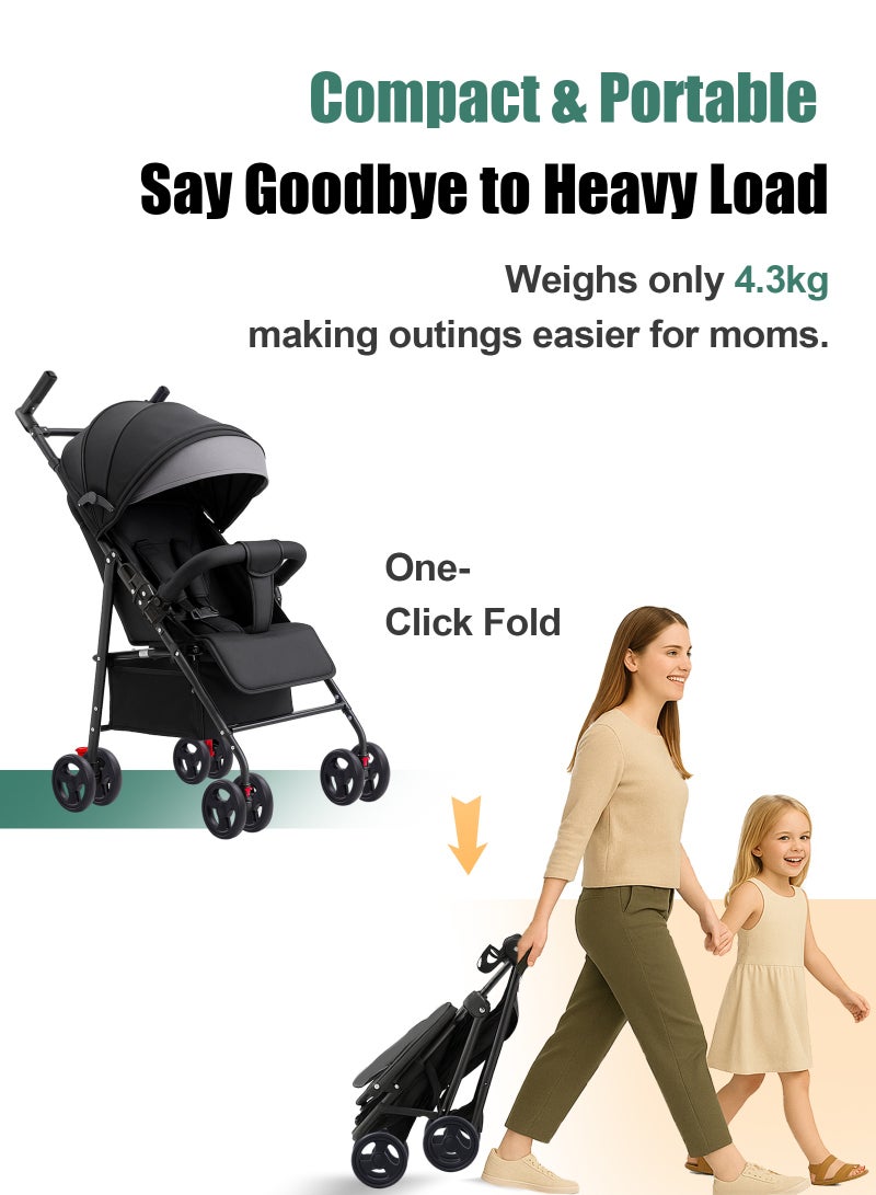 يو إل اتش واي سي عربة أطفال للسفر متعددة الاستخدامات مع حامل أكواب، ومظلة شمسية كبيرة جدًا، وقابلة للطي بيد واحدة - خفيفة الوزن للأطفال الرضع والأطفال الصغار (0-36 شهرًا) - أسود - Image 4