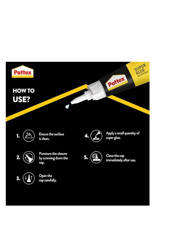 Pattex Super Glue is a superior adhesive for all types of plastic with a fast-drying activator - instant and permanent bonding power. Includes an activator to speed up the bonding process and increase strength. Easy and precise application thanks to the thin nozzle. Provides a strong, clear, and invisible bond. Ideal for toys, household items, and automotive plastic parts. - Image 4
