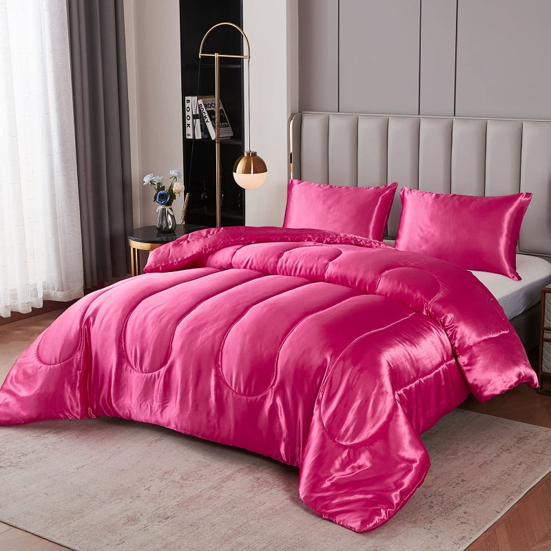 Bedding_Dreamer Satin King Comforter Sets Silk Like Hot Pink Comforter Alternative Down Comforter Soft Polyester Filling Luxury Silky Bedding Comforter Set 1 Comforter 2 Pillowcases (King, Hot Pink) - Image 1