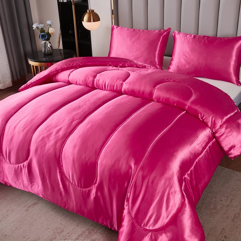 Bedding_Dreamer Satin King Comforter Sets Silk Like Hot Pink Comforter Alternative Down Comforter Soft Polyester Filling Luxury Silky Bedding Comforter Set 1 Comforter 2 Pillowcases (King, Hot Pink) - Image 3